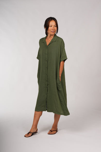 Montaigne Salomé Classic Linen Shirt Dress Forest Green
