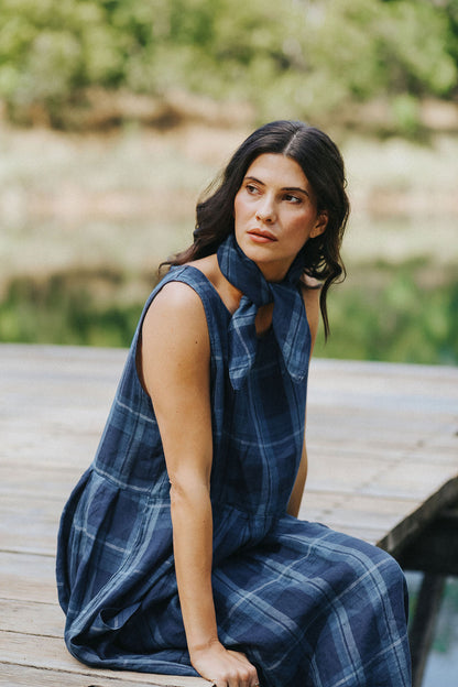 Montaigne Sartène Blue Check Linen Dress1