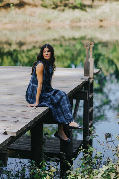 Montaigne Sartène Blue Check Linen Dress2