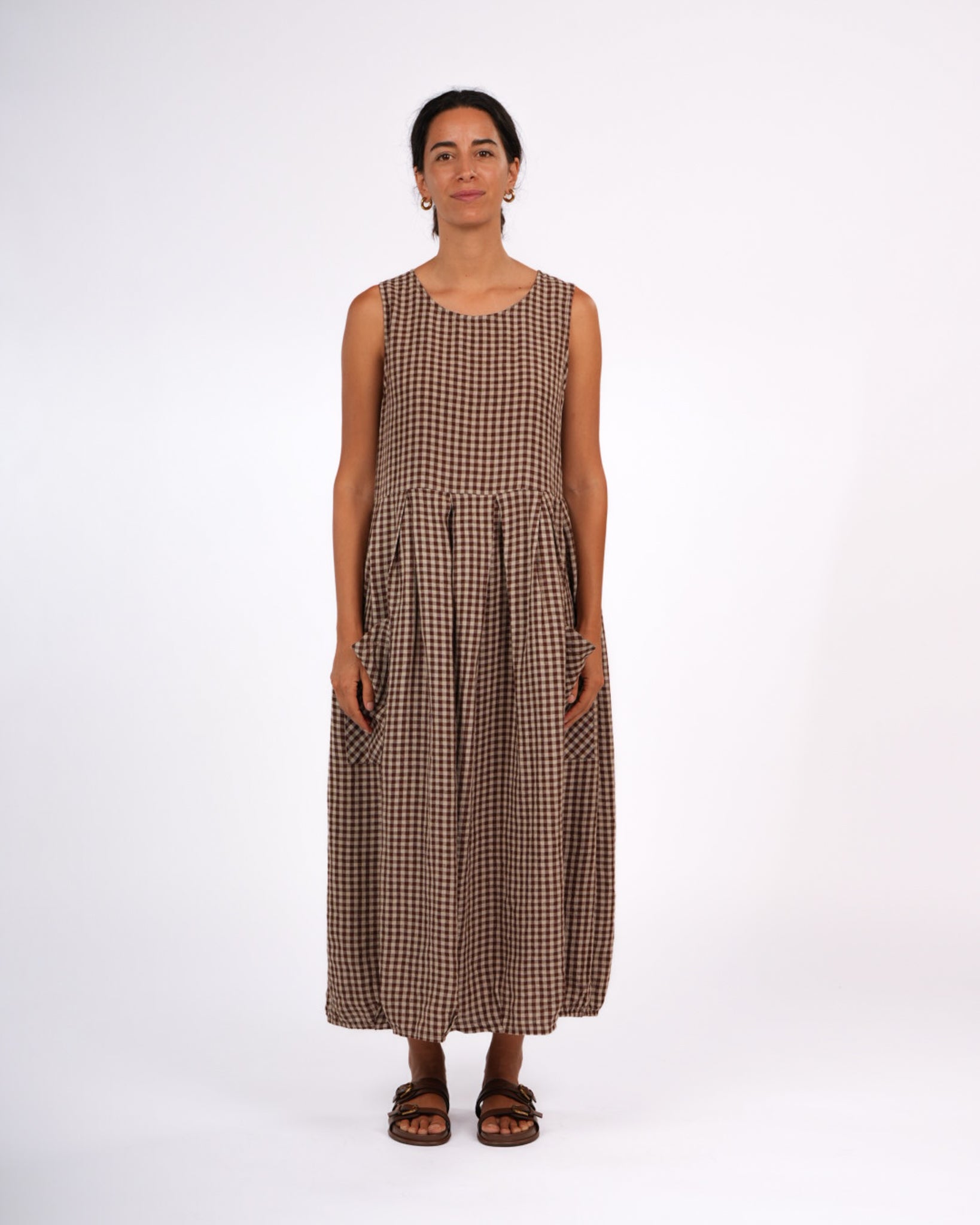 Sartene French Linen Dress in Gingham  Brown