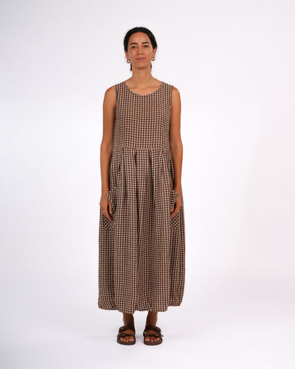 Sartene French Linen Dress in Gingham  Brown