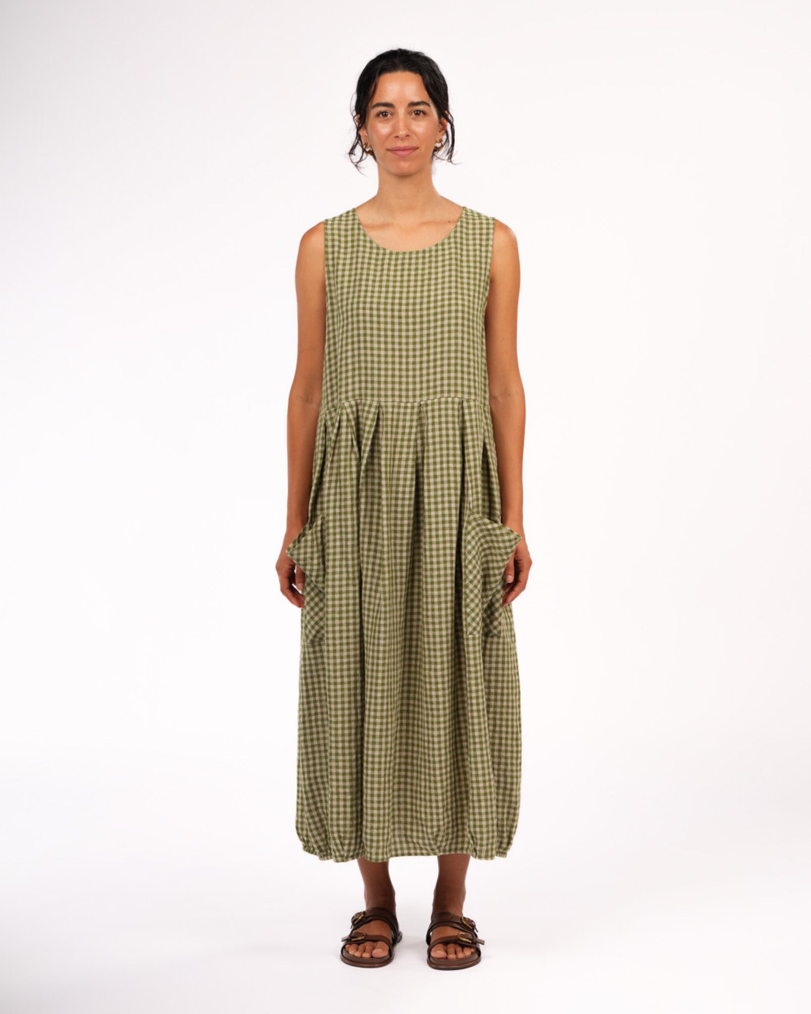 Sartene French Linen Dress in Gingham Pistachio1
