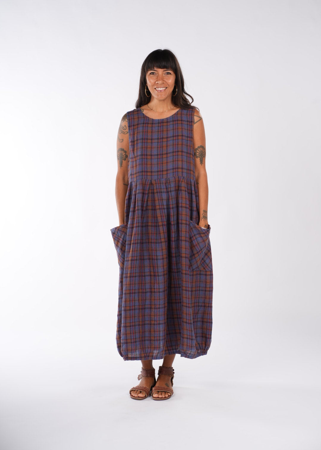 Montaigne Sartene French Linen Dress In Check Blue/Brown1
