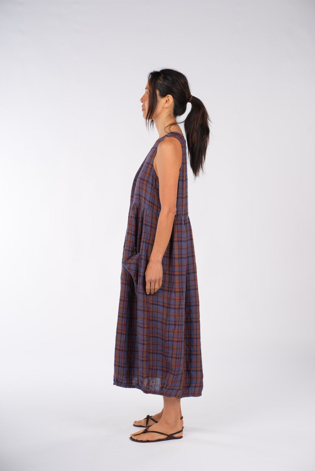 Montaigne Sartene French Linen Dress In Check Blue/Brown2