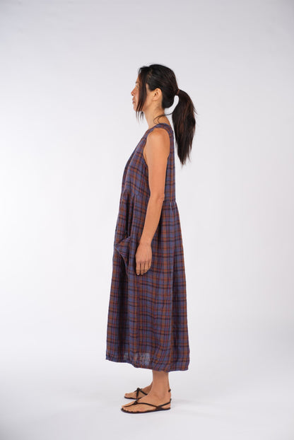 Montaigne Sartene French Linen Dress In Check Blue/Brown2