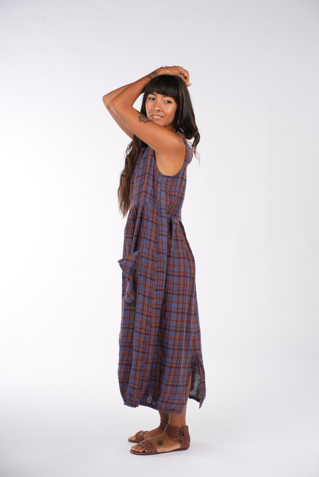 Montaigne Sartene French Linen Dress In Check Blue/Brown3