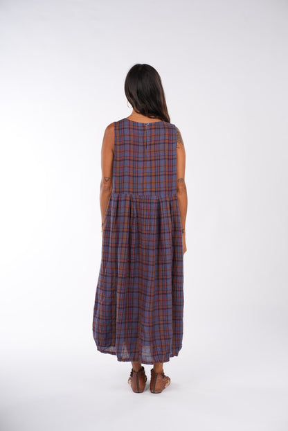 Montaigne Sartene French Linen Dress In Check Blue/Brown5