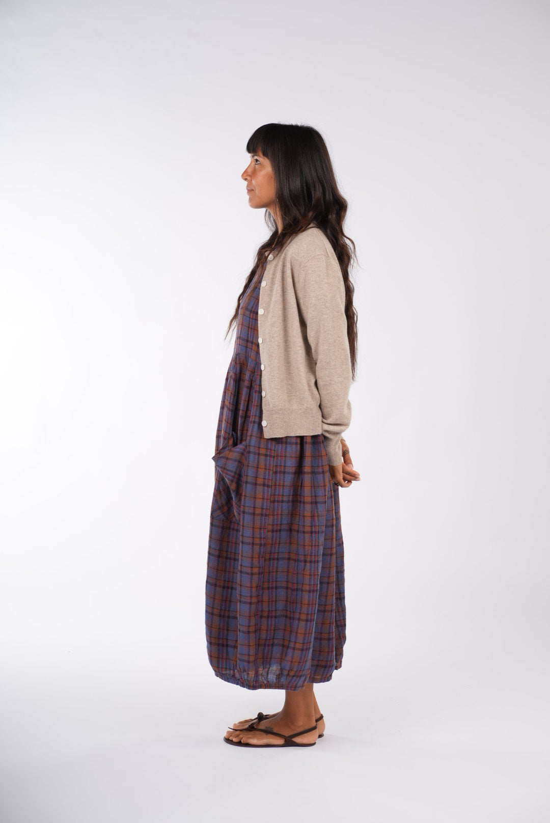 Montaigne Sartene French Linen Dress In Check Blue/Brown6