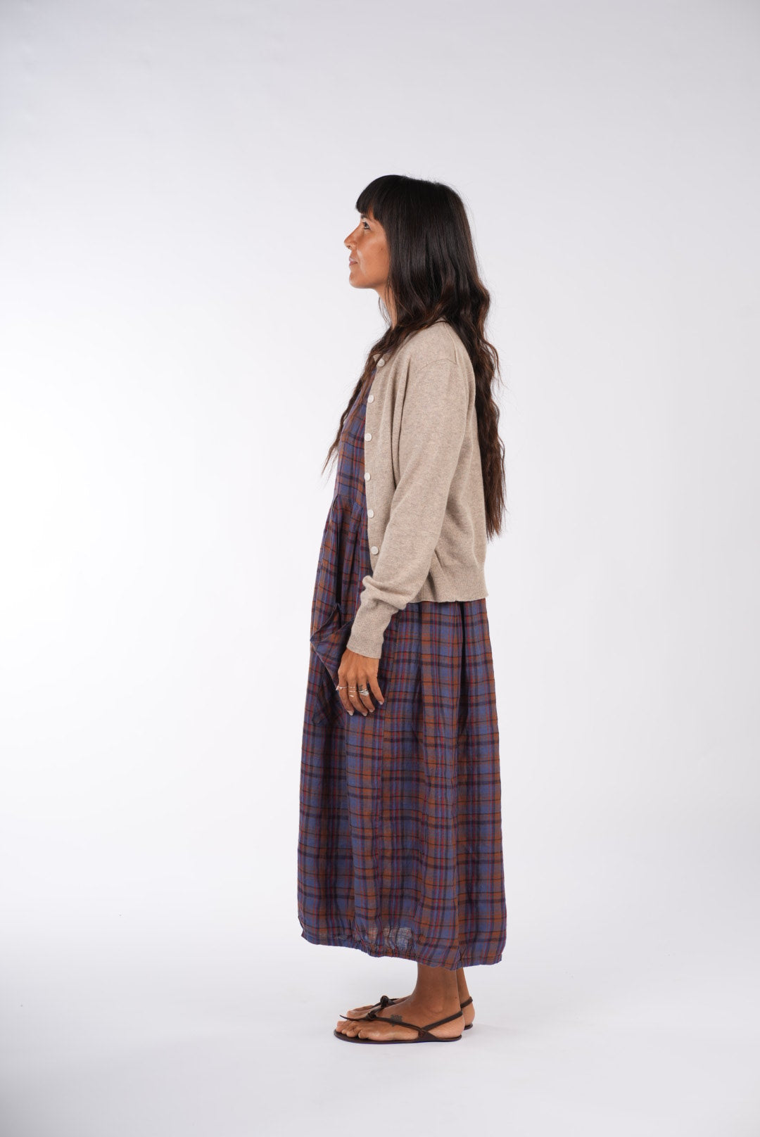 Montaigne Sartene French Linen Dress In Check Blue/Brown7