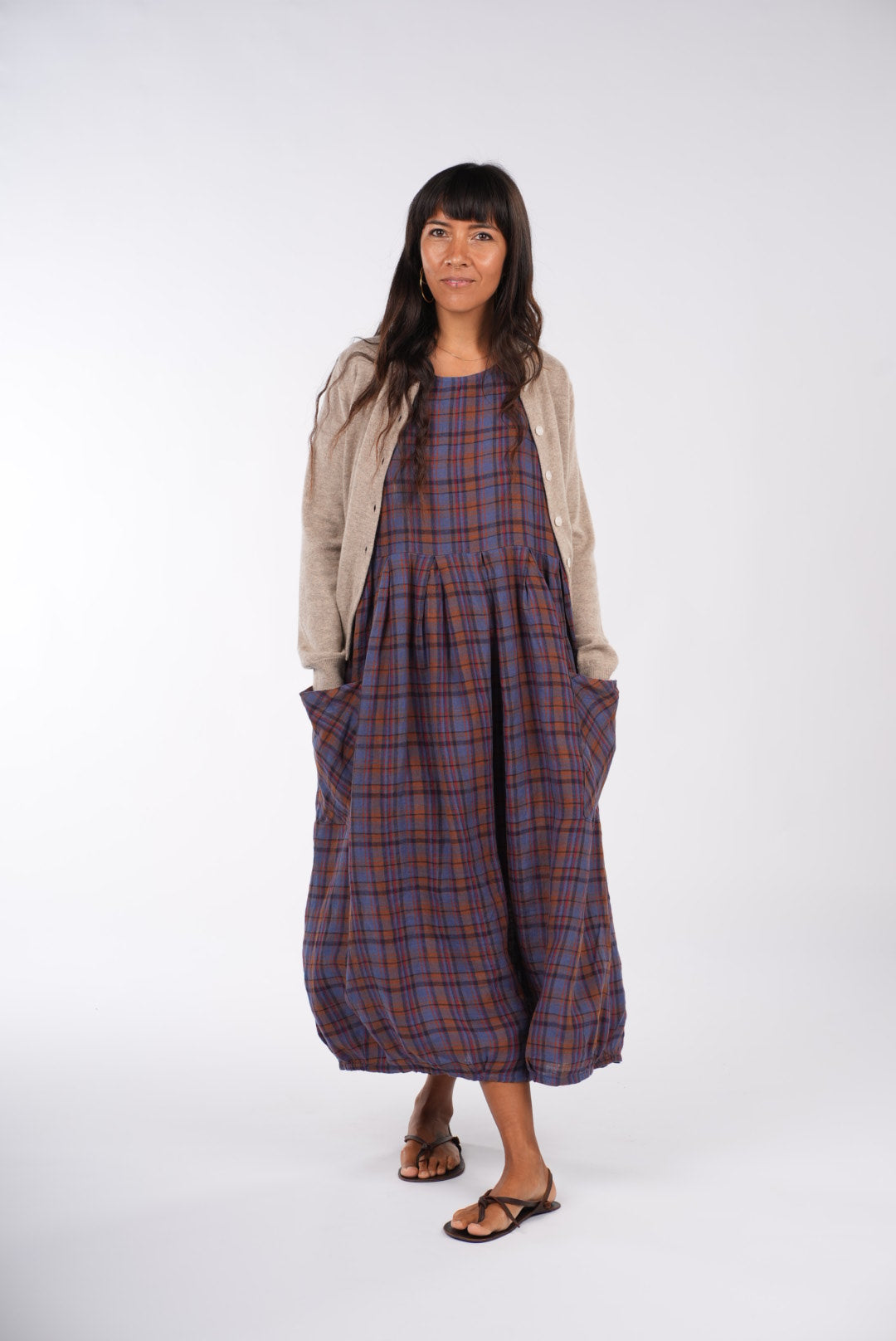 Montaigne Sartene French Linen Dress In Check Blue/Brown9