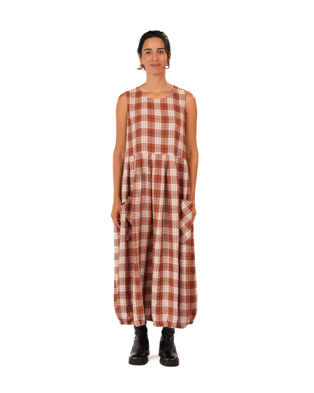Montaigne Sartene French Linen Dress in Clay Check2