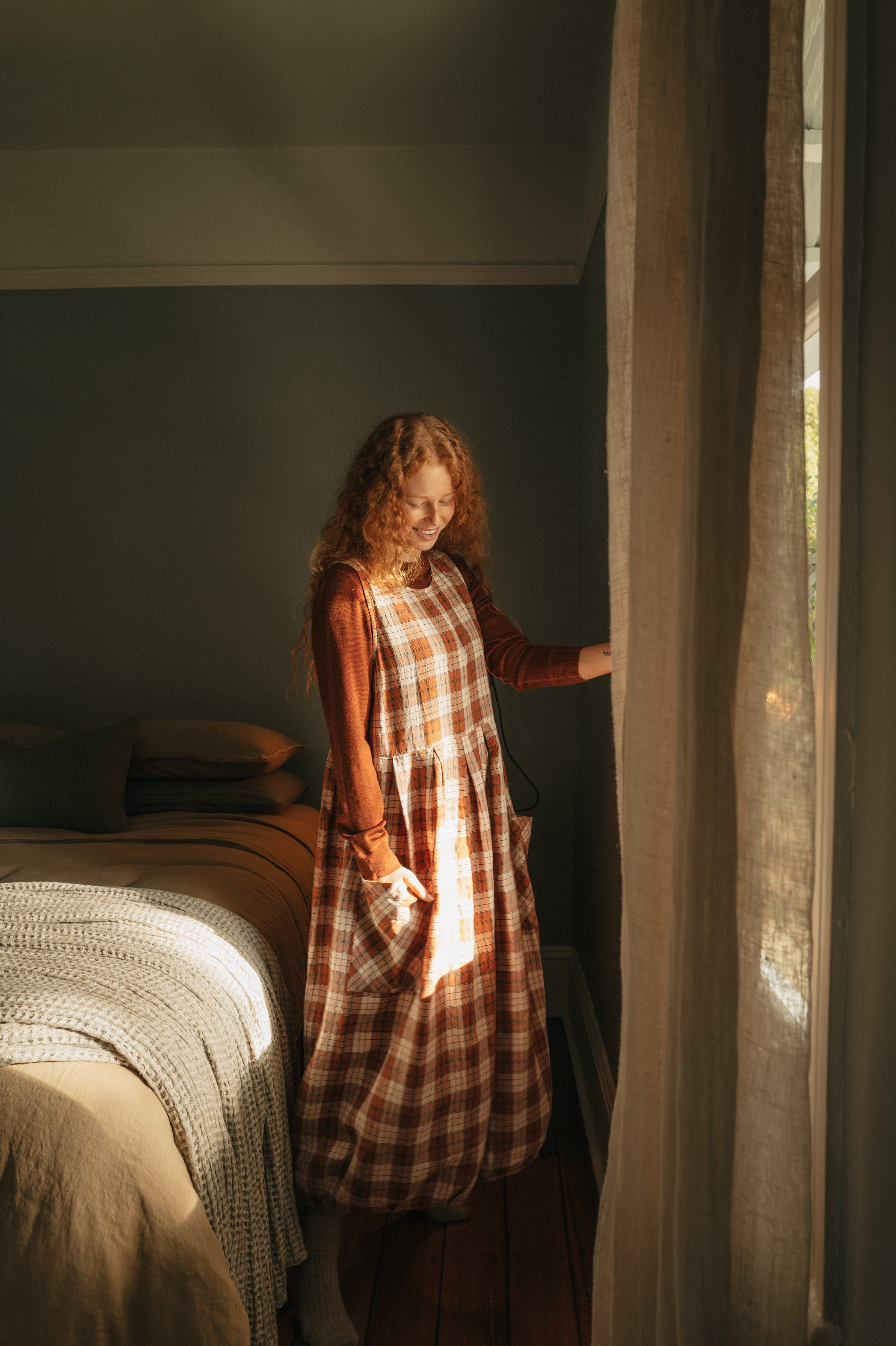 Montaigne Sartene French Linen Dress in Clay Check3