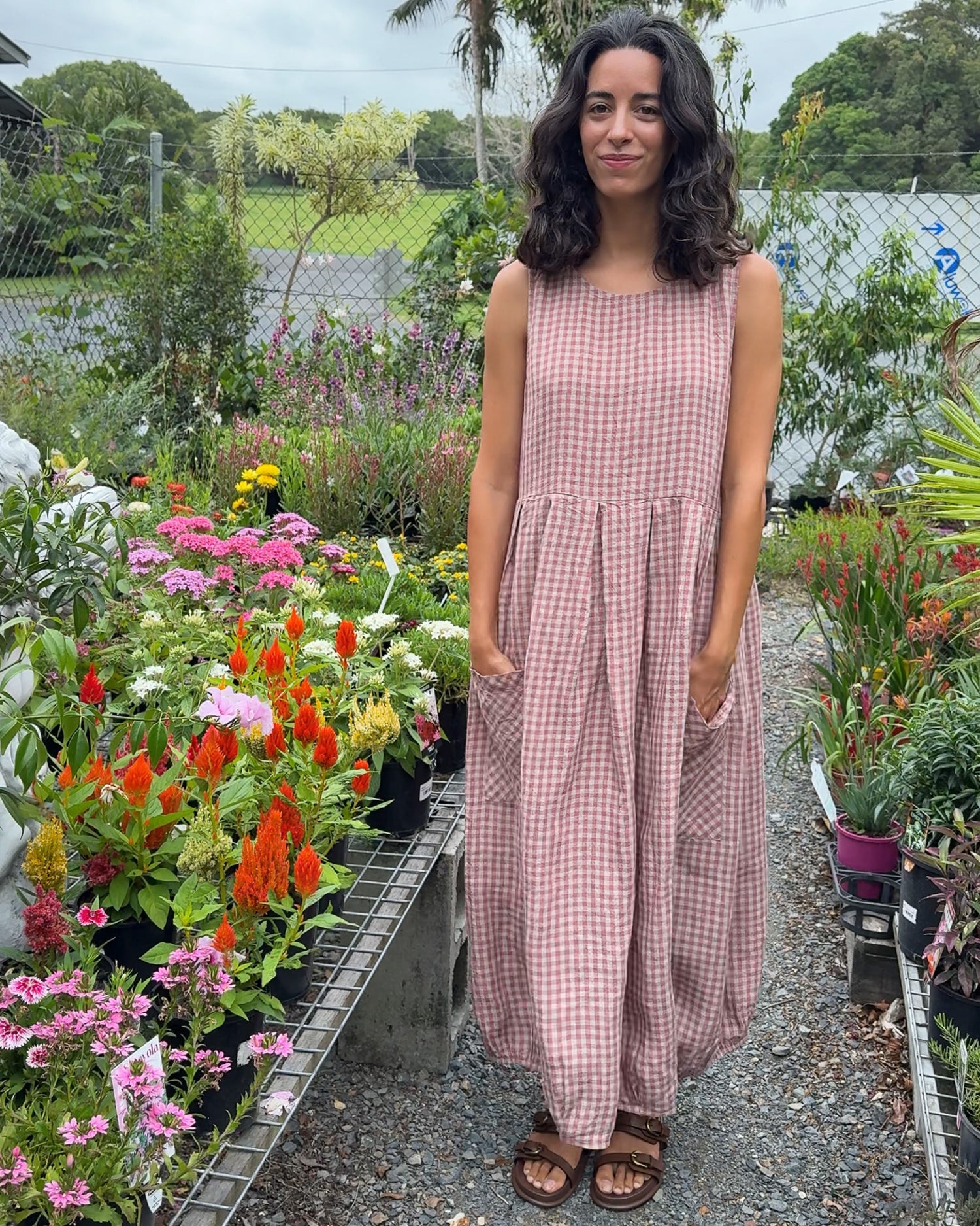 Montaigne Sartene French Linen Dress in Gingham Antique Rose2