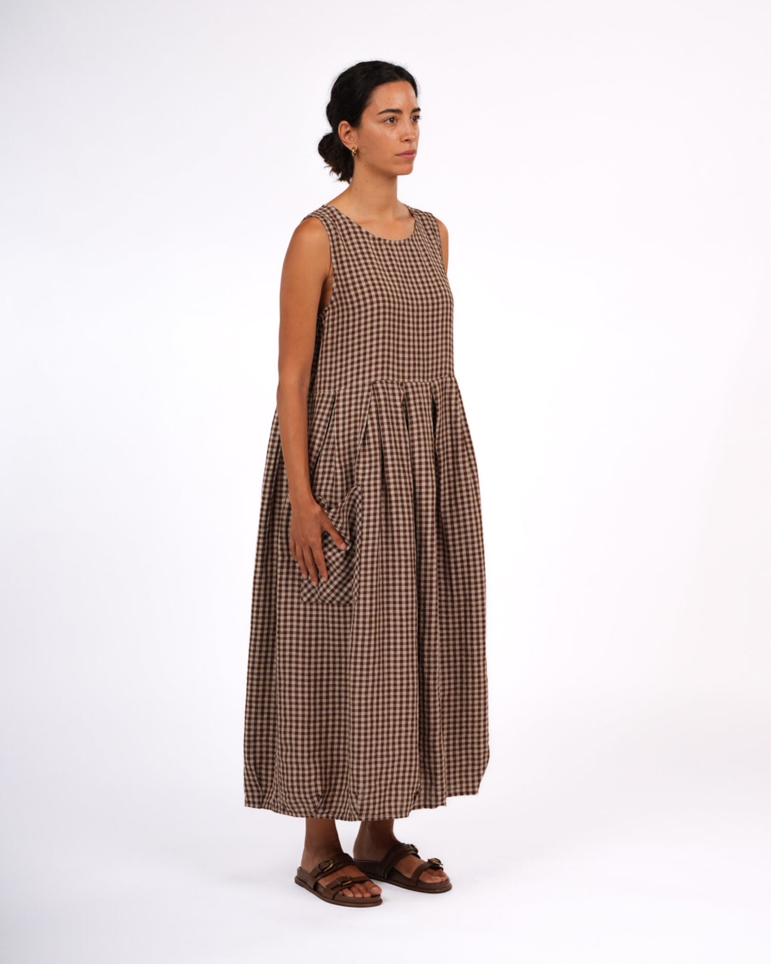 Montaigne Sartene French Linen Dress in Gingham Brown1