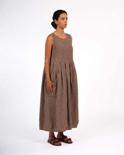 Montaigne Sartene French Linen Dress in Gingham Brown1