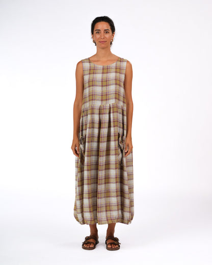 Montaigne Sartene French Linen Dress in Pistachio Check