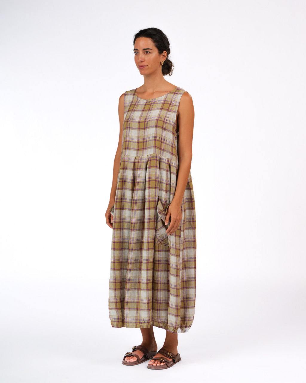 Montaigne Sartene French Linen Dress in Pistachio Check1