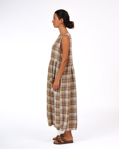 Montaigne Sartene French Linen Dress in Pistachio Check2