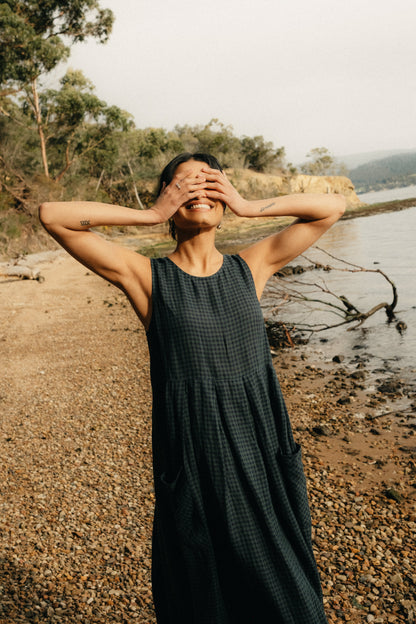 Montaigne Sartene French Linen Dress in Blue Green Check