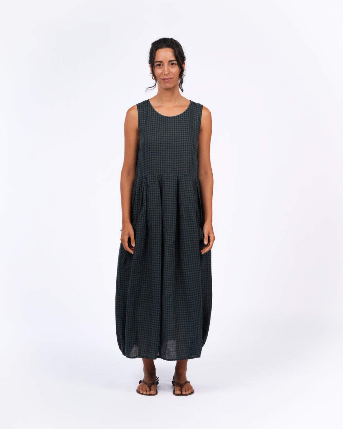 Montaigne Sartene French Linen Dress in Blue Green Check