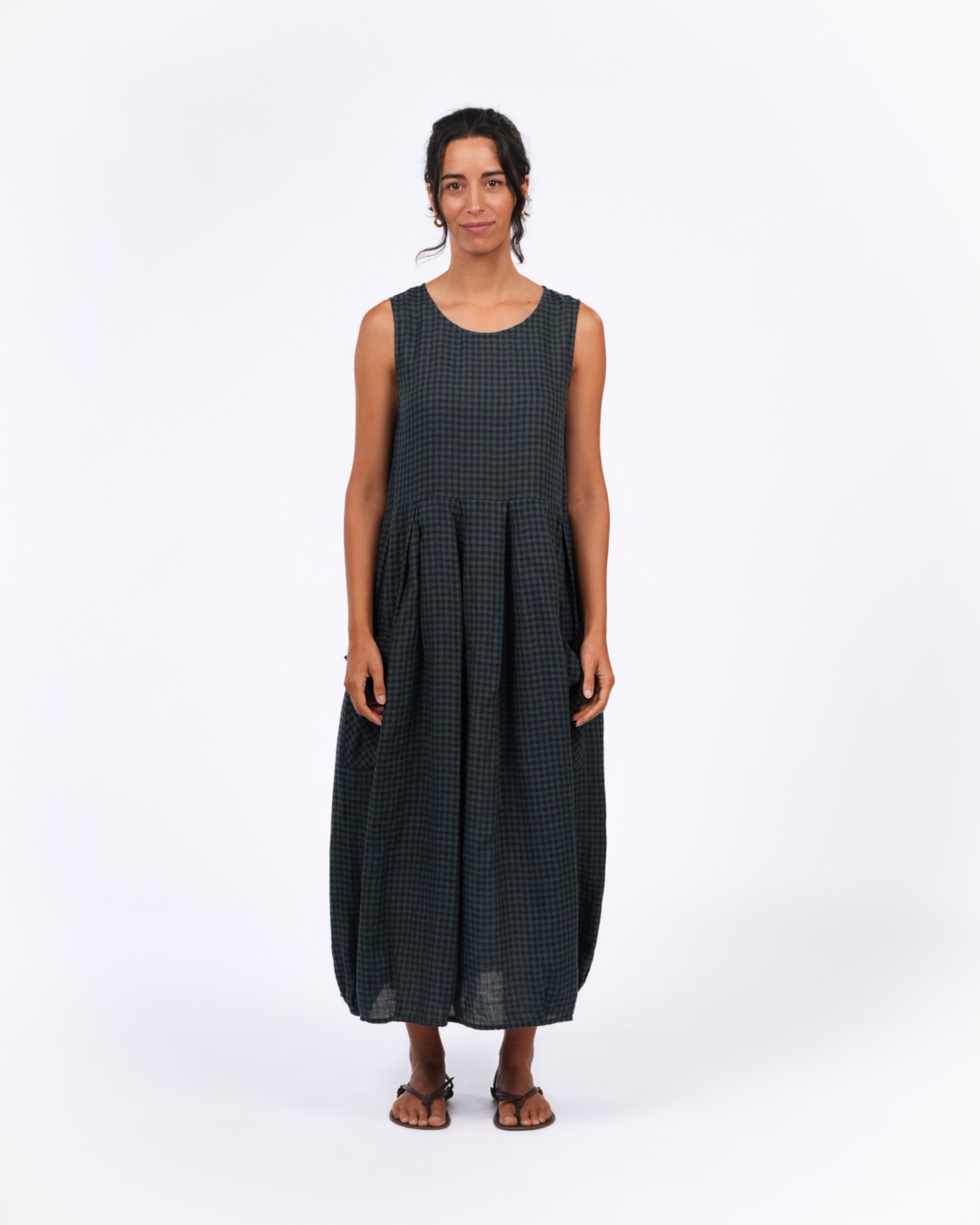 Montaigne Sartene French Linen Dress in Blue Green Check