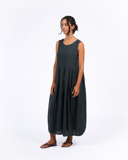 Montaigne Sartene French Linen Dress in Blue Green Check