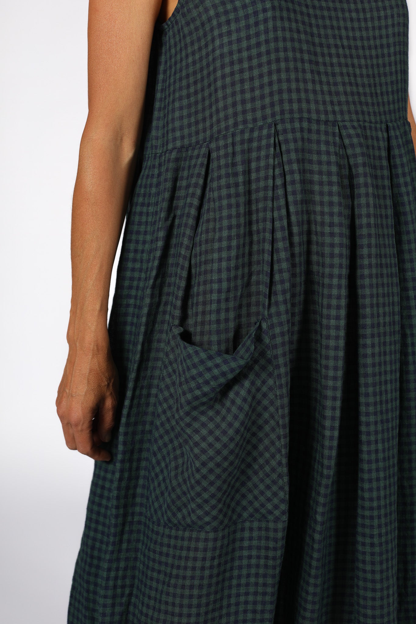 Montaigne Sartene French Linen Dress in Blue Green Check