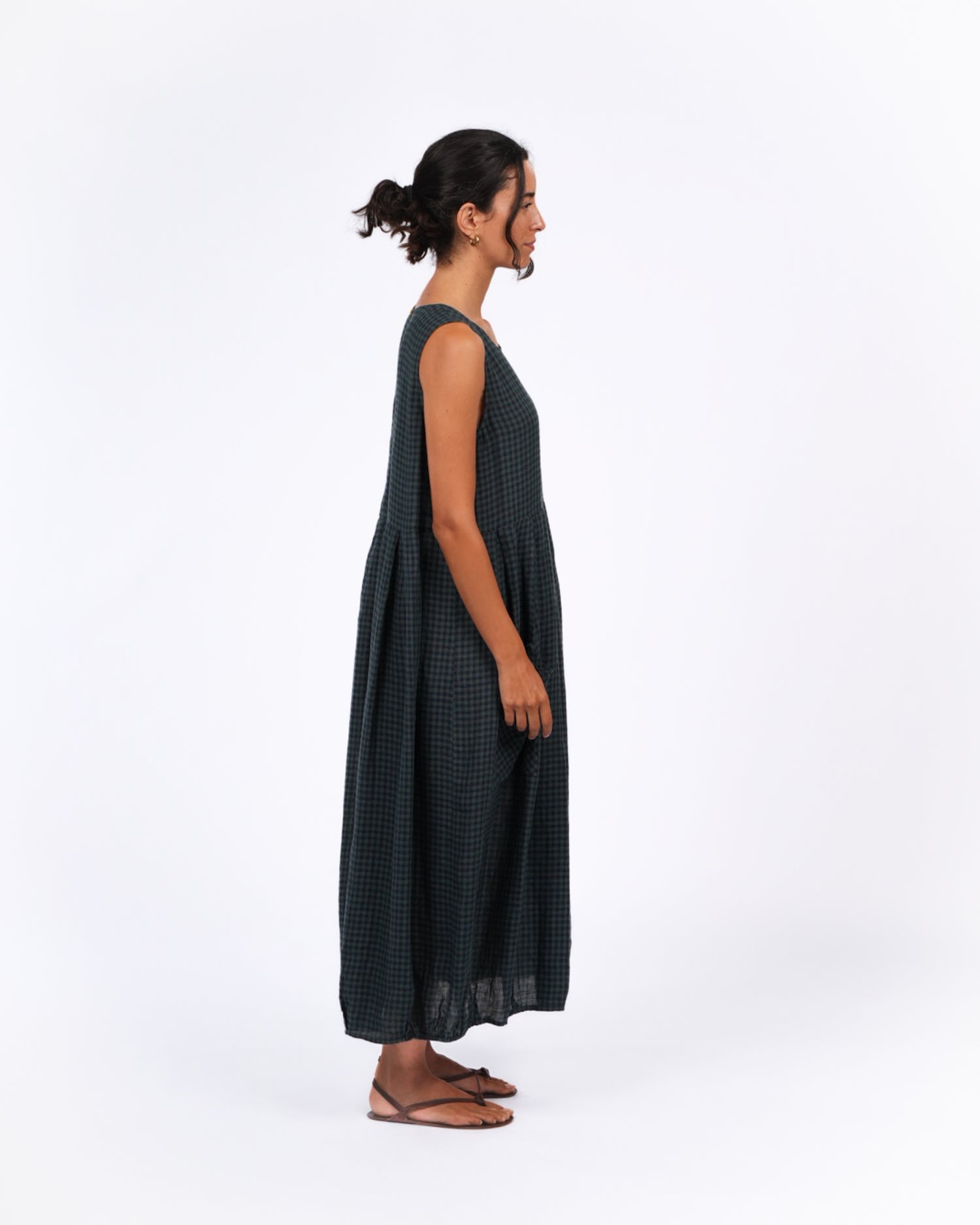 Montaigne Sartene French Linen Dress in Blue Green Check
