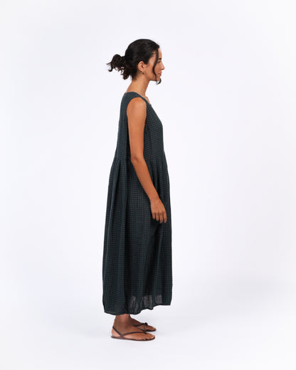 Montaigne Sartene French Linen Dress in Blue Green Check
