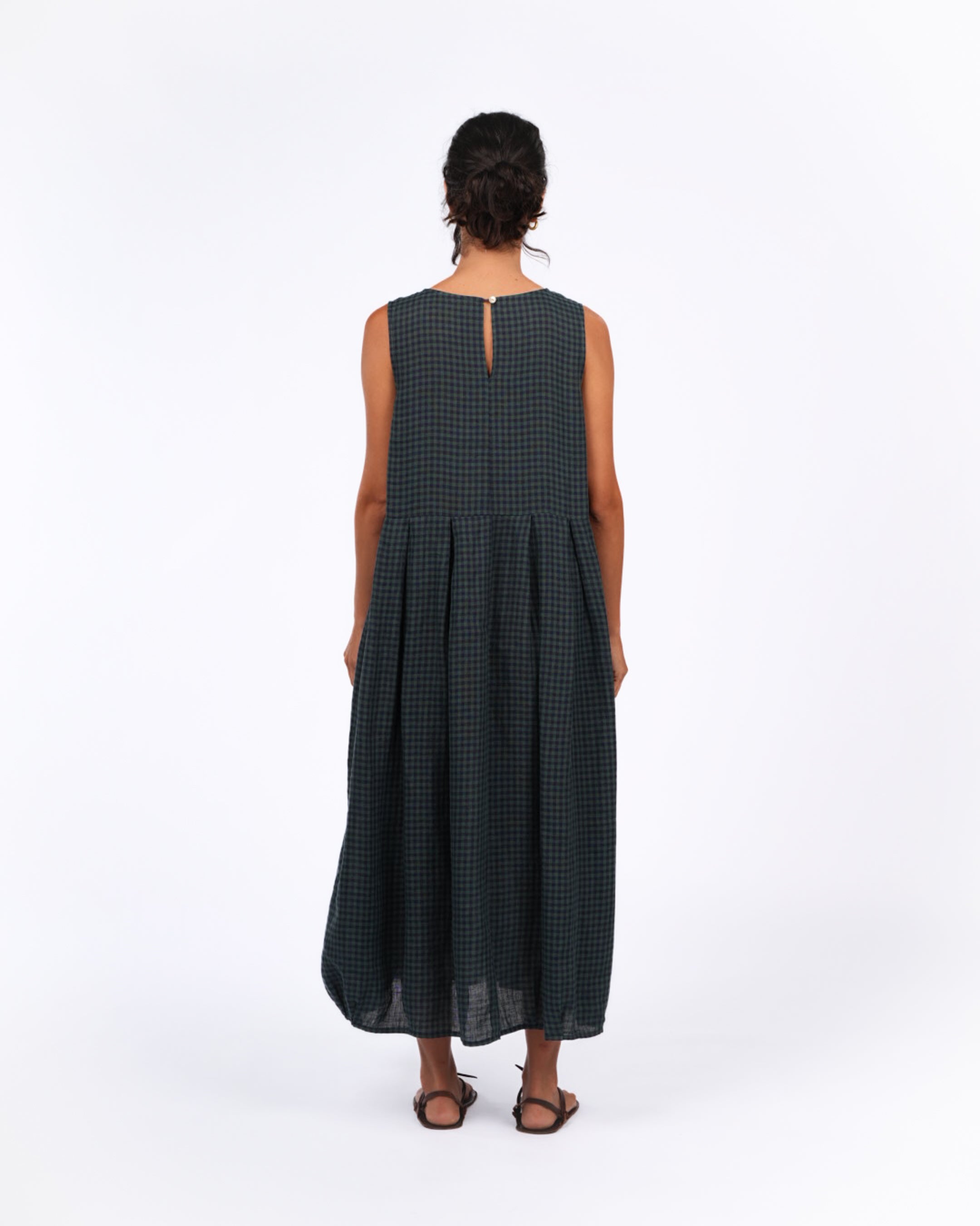 Montaigne Sartene French Linen Dress in Blue Green Check