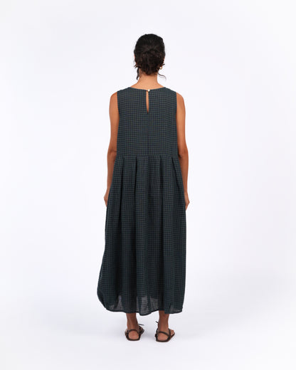 Montaigne Sartene French Linen Dress in Blue Green Check