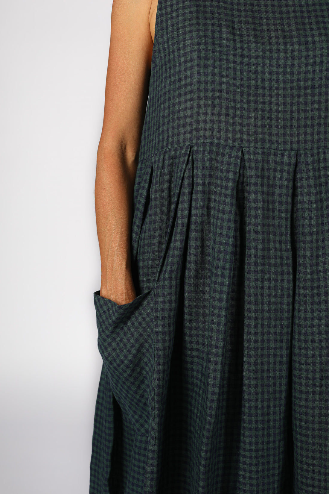 Montaigne Sartene French Linen Dress in Blue Green Check9