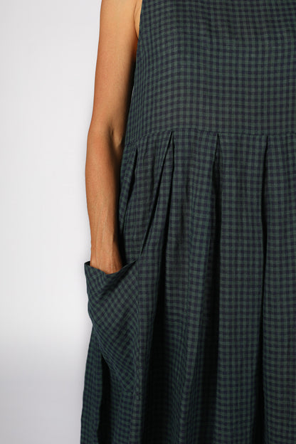 Montaigne Sartene French Linen Dress in Blue Green Check