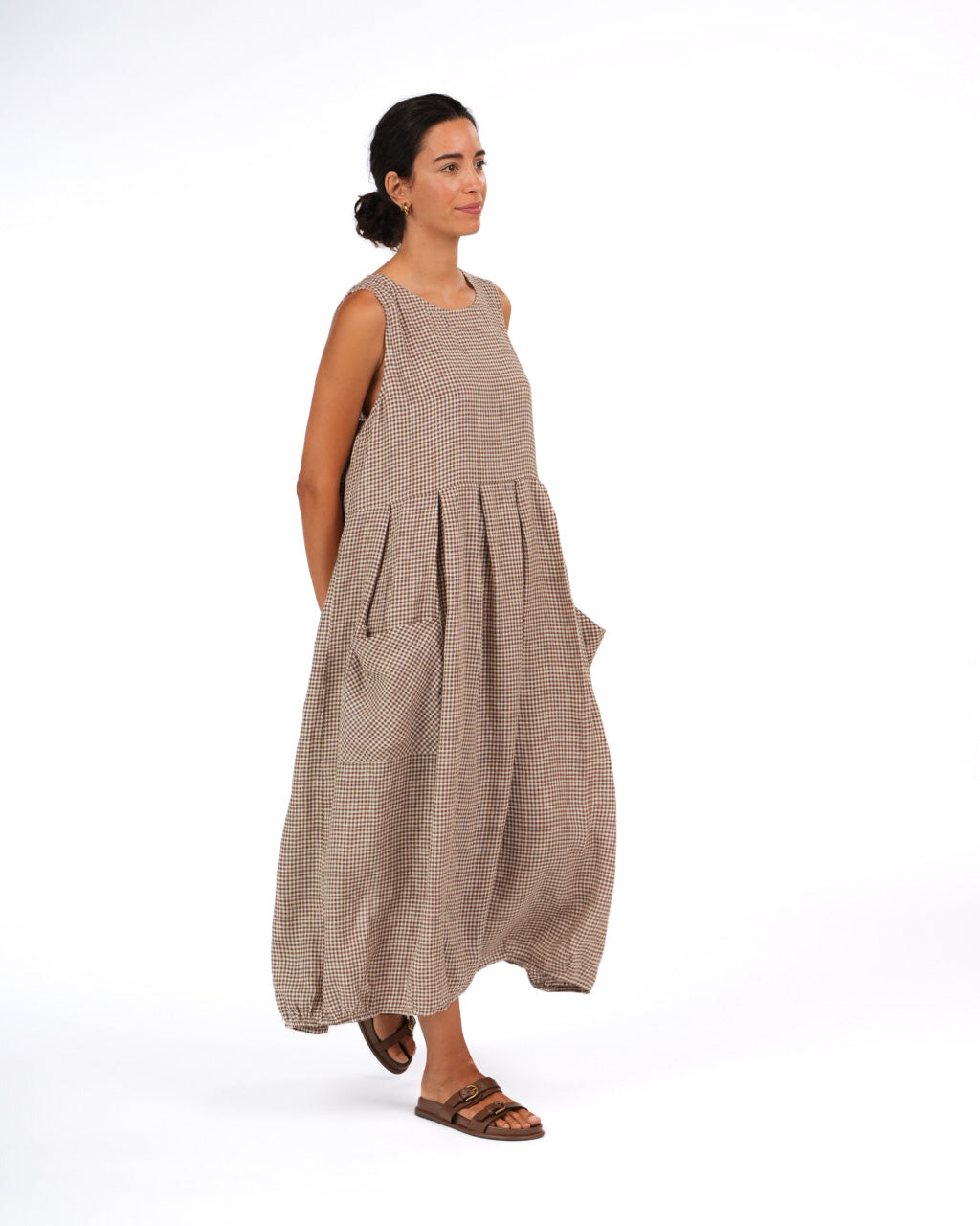 Montaigne Sartene French Linen Dress In Tiny Brown Gingham