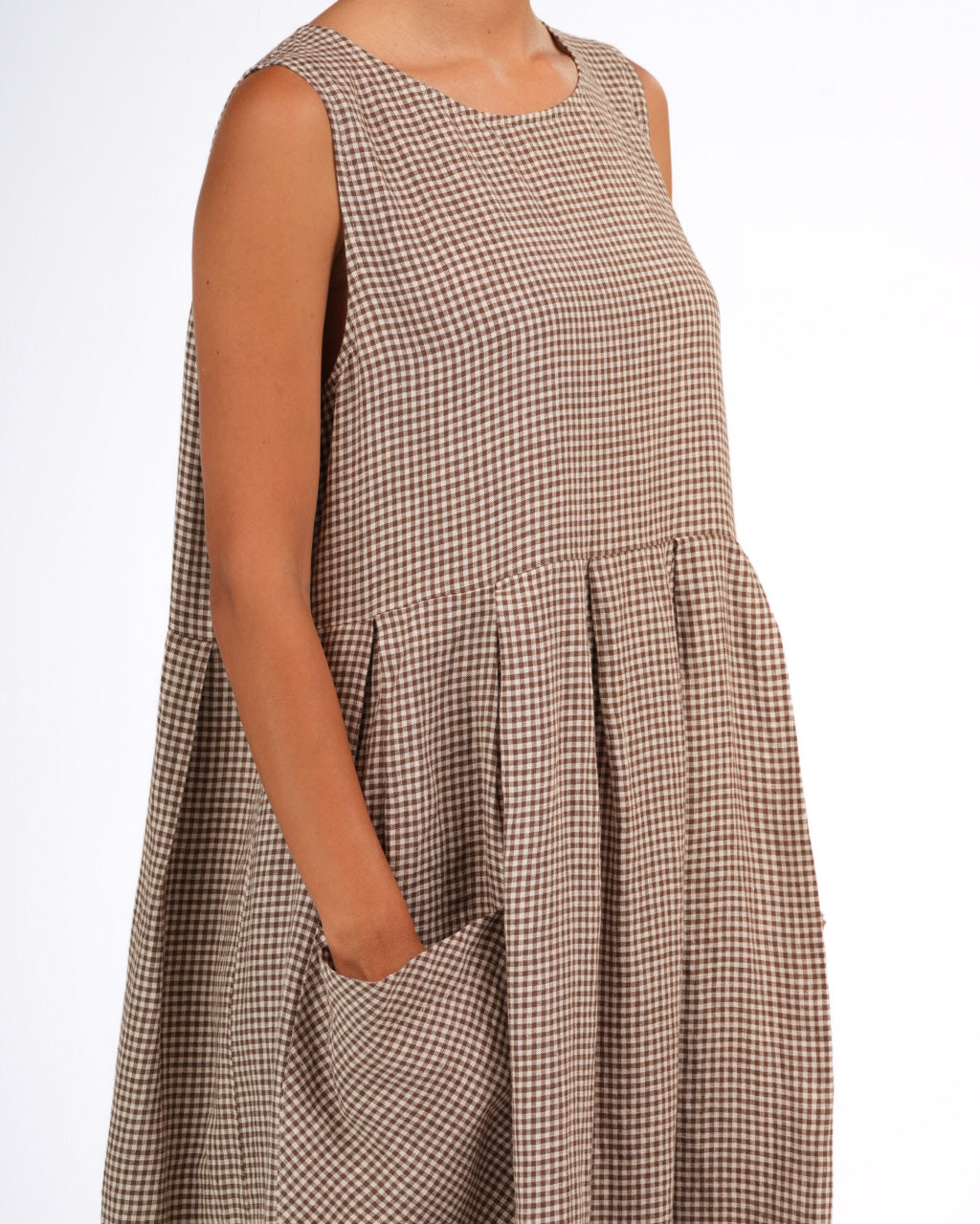 Montaigne Sartene French Linen Dress In Tiny Brown Gingham1