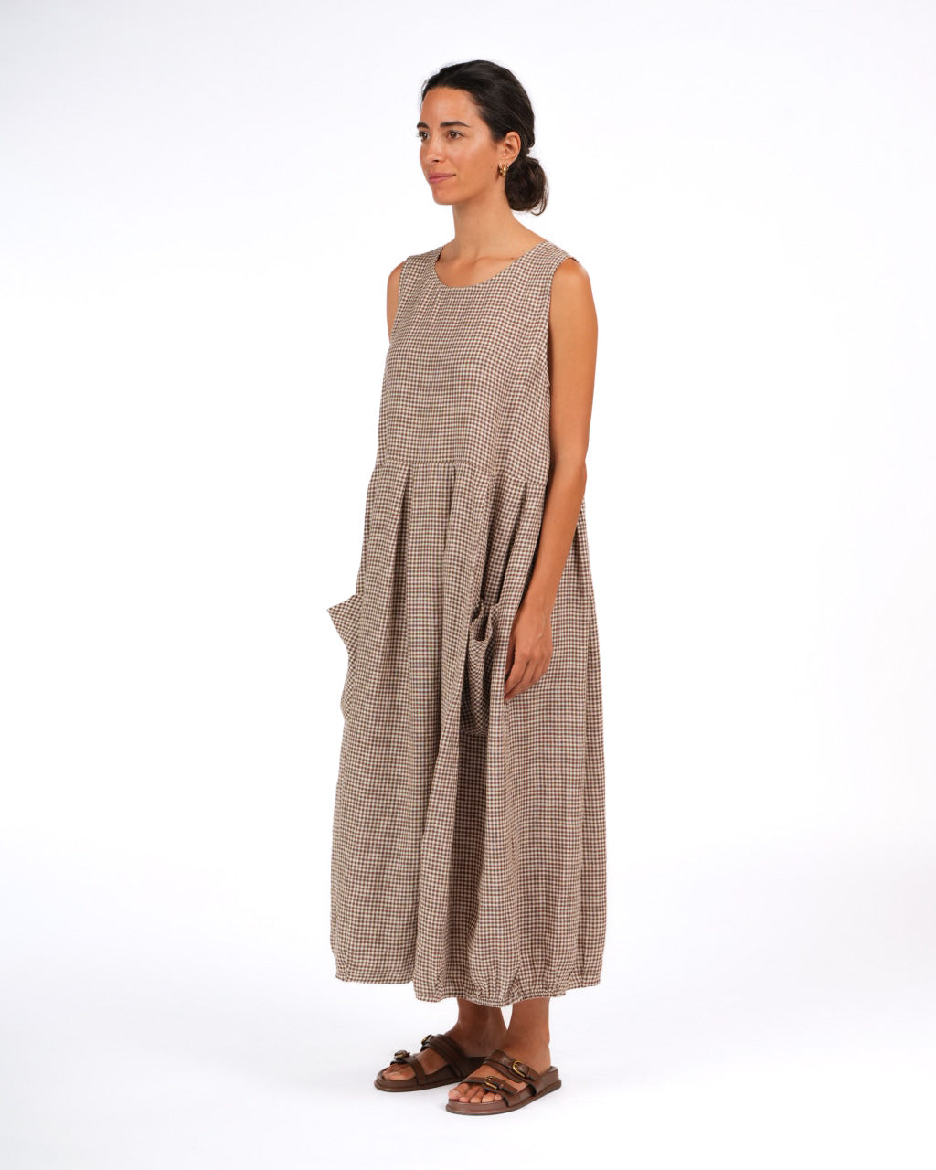 Montaigne Sartene French Linen Dress In Tiny Brown Gingham5