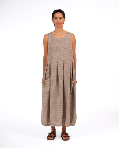 Montaigne Sartene French Linen Dress In Tiny Brown Gingham7