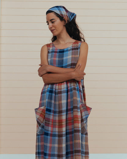 Sartène in Multi Check Linen Dress