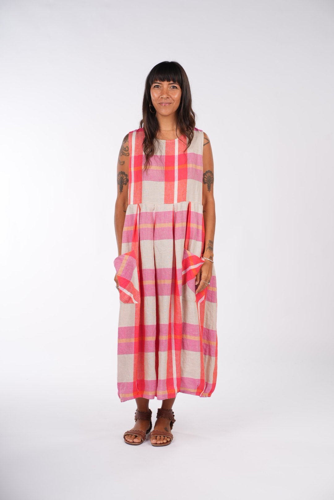 Montaigne Sartene Linen Dress in Orange Check