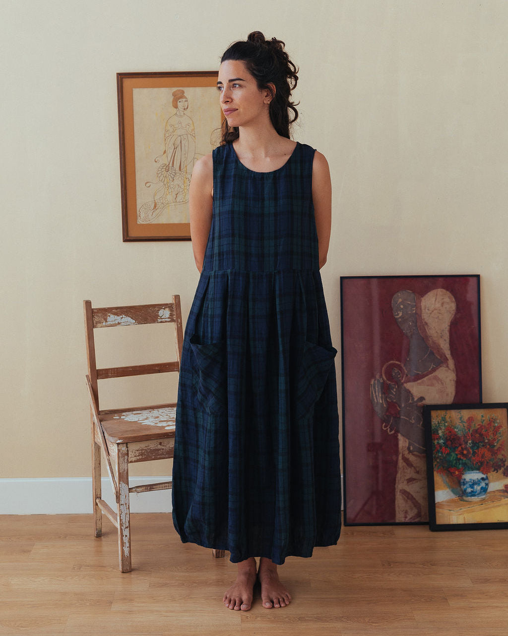 Montaigne Sartene Tartan French Linen Dress Blue