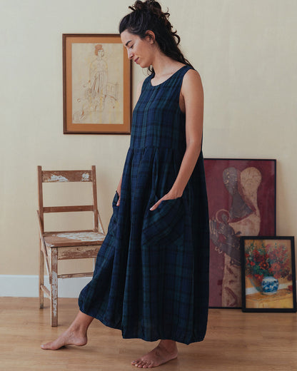 Montaigne Sartene Tartan French Linen Dress Blue