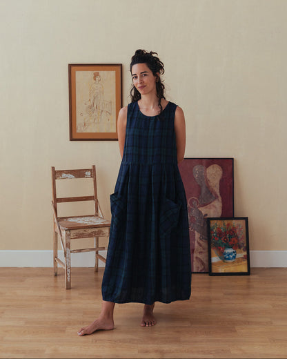 Montaigne Sartene Tartan French Linen Dress Blue