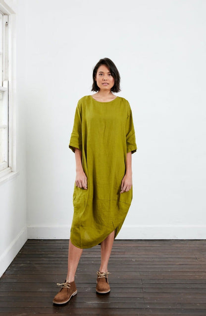 Montaigne Scallop Casual Linen Dress Acid Green