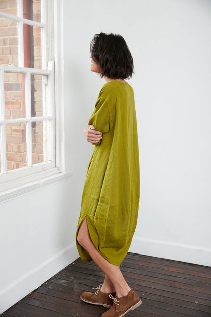 Montaigne Scallop Casual Linen Dress Acid Green1