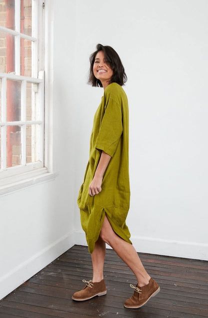 Montaigne Scallop Casual Linen Dress Acid Green3