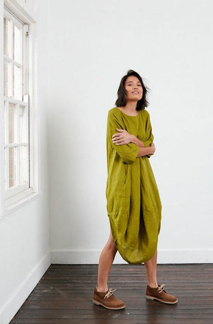 Montaigne Scallop Casual Linen Dress Acid Green5
