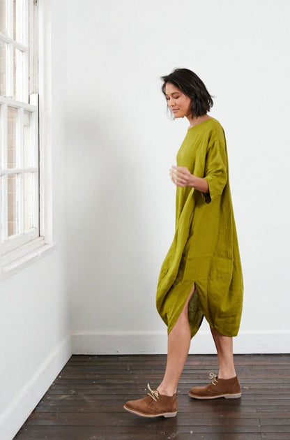 Montaigne Scallop Casual Linen Dress Acid Green6