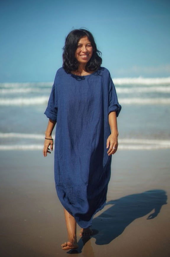 Montaigne Scallop Casual Linen Dress Denim