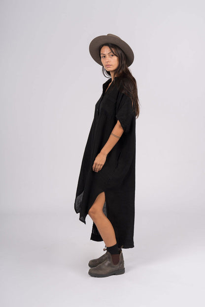Montaigne Simone Short Sleeve Linen Dress Black