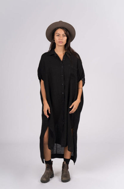 Montaigne Simone Short Sleeve Linen Dress Black1